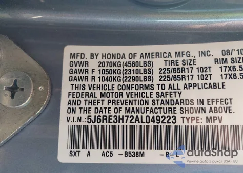 2010 Honda Cr-V Ex-L z USA, uszkodzony, nr VIN 5J6RE3H72AL049223